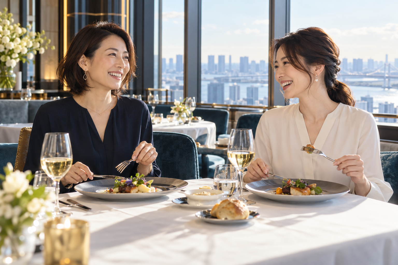 上質なレストランで食事を楽しむ女性の友人たちのイメージ