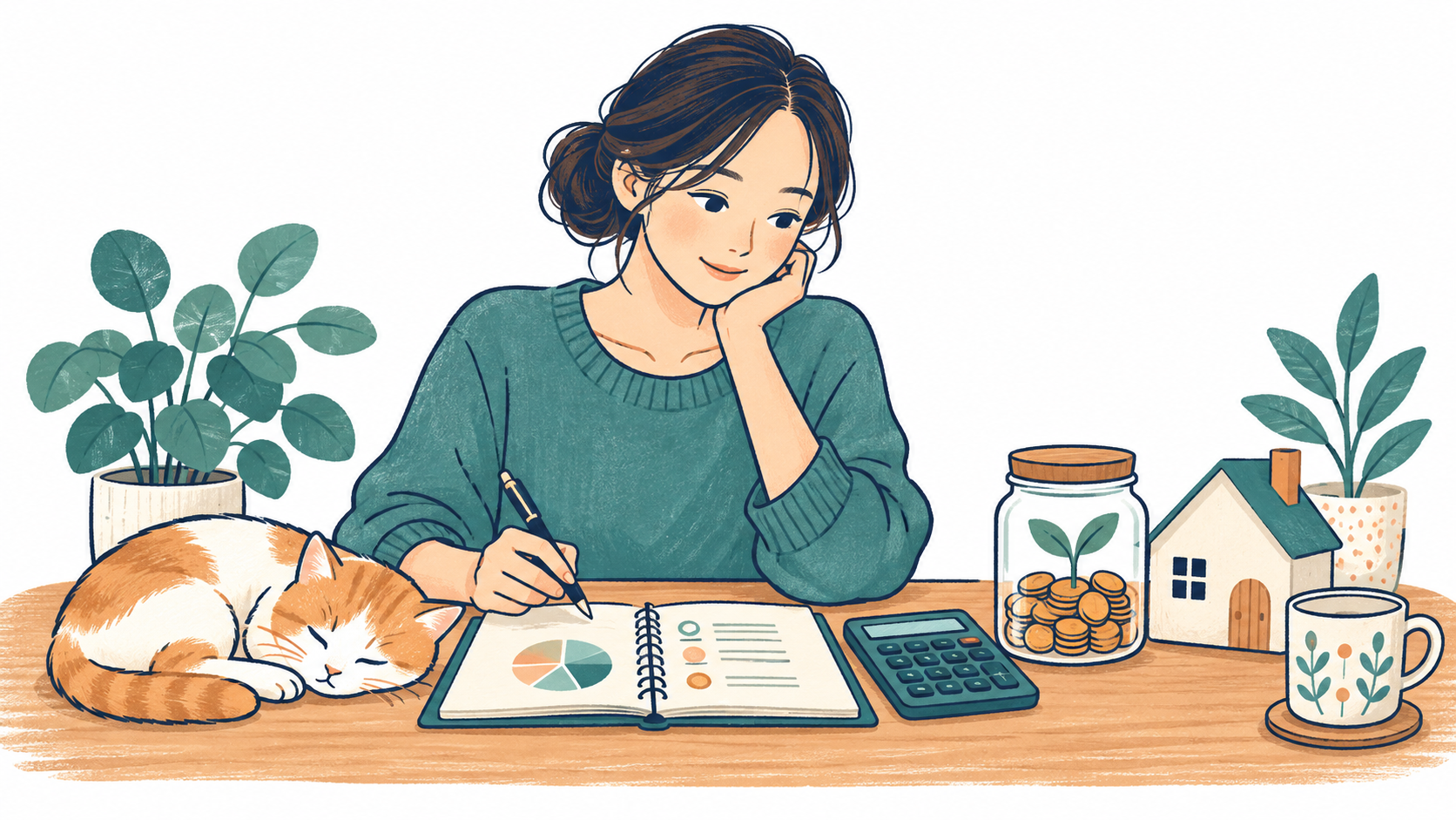 家計のノートを開き、自分のお金を整理する女性のイラスト