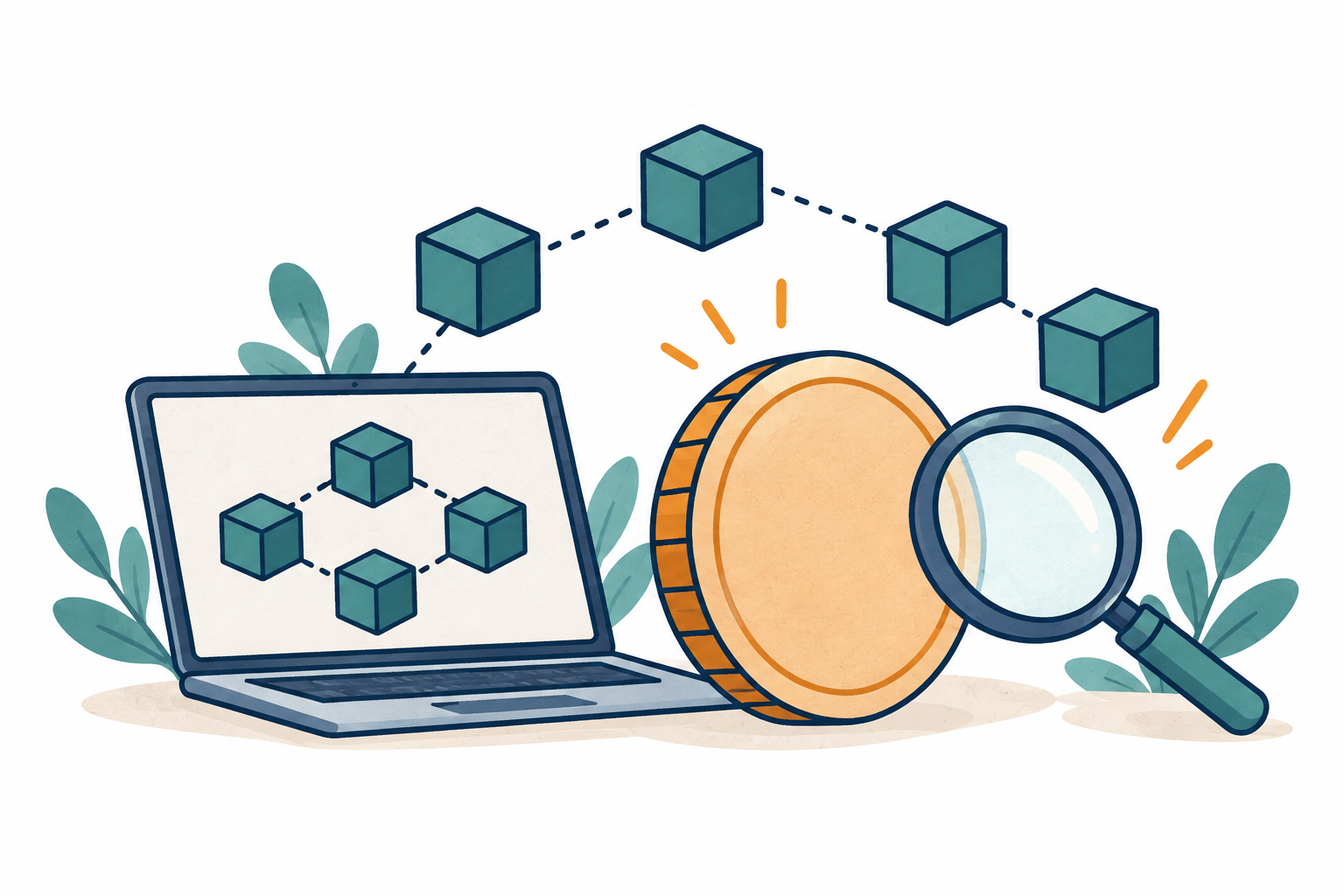 つながるブロックとデジタル資産の仕組みを調べるイラスト
