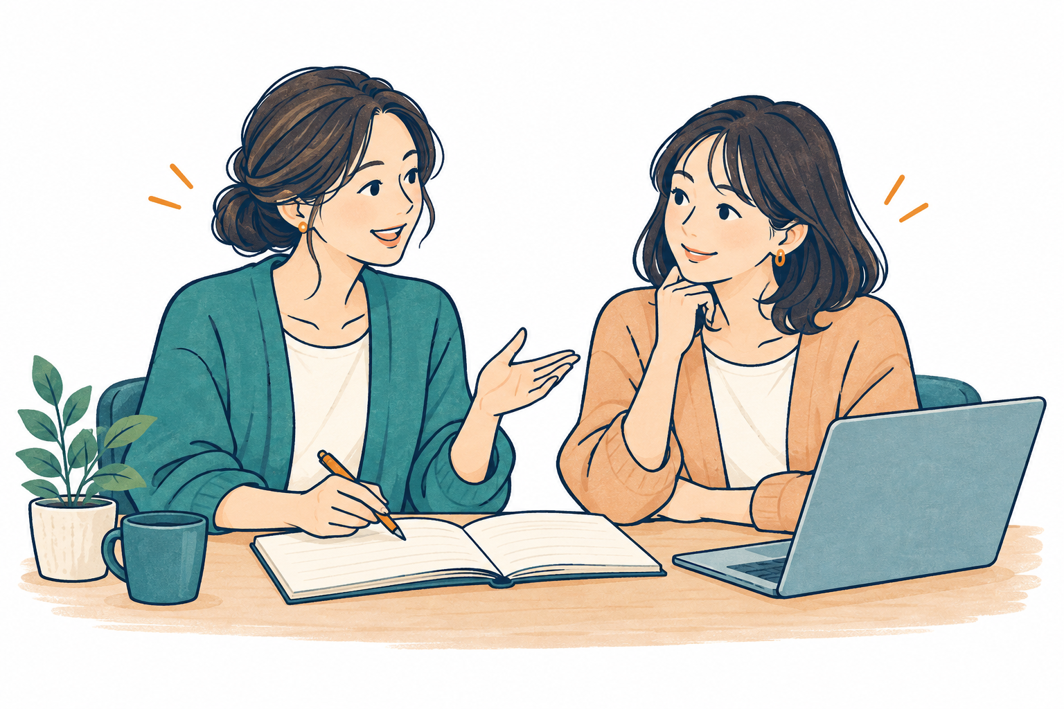 ノートとパソコンを囲み、質問しながら学ぶ女性たちのイラスト