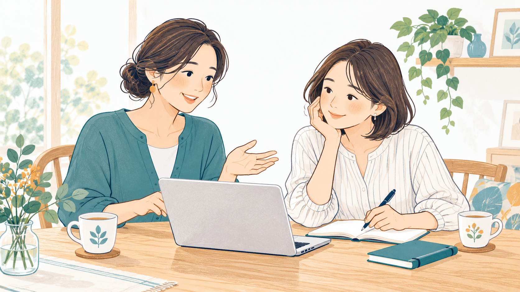 自宅でノートとパソコンを開き、一緒に学ぶ女性たちのイラスト