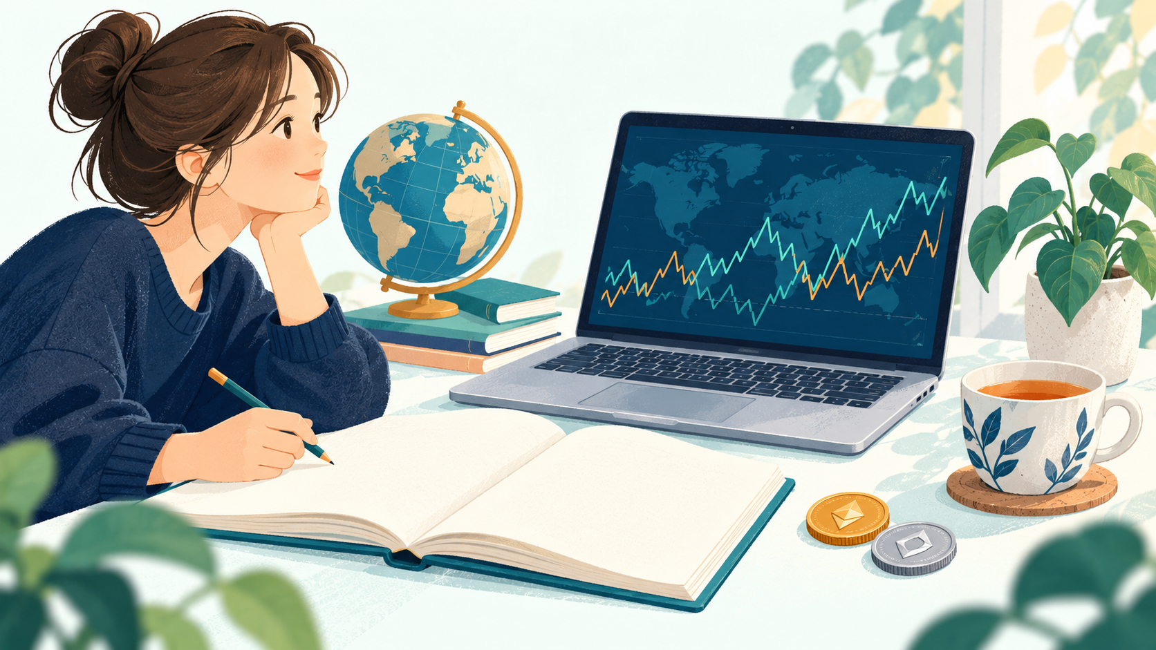 ノートやパソコンを使って、お金と相場の仕組みを学ぶイラスト